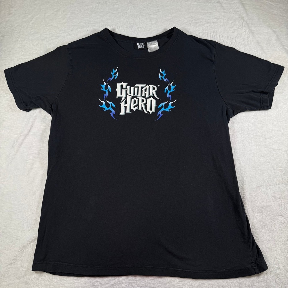 GUITAR HERO BLACK PURPLE BLUE FLAMES T SHIRT SIZE L Gaming